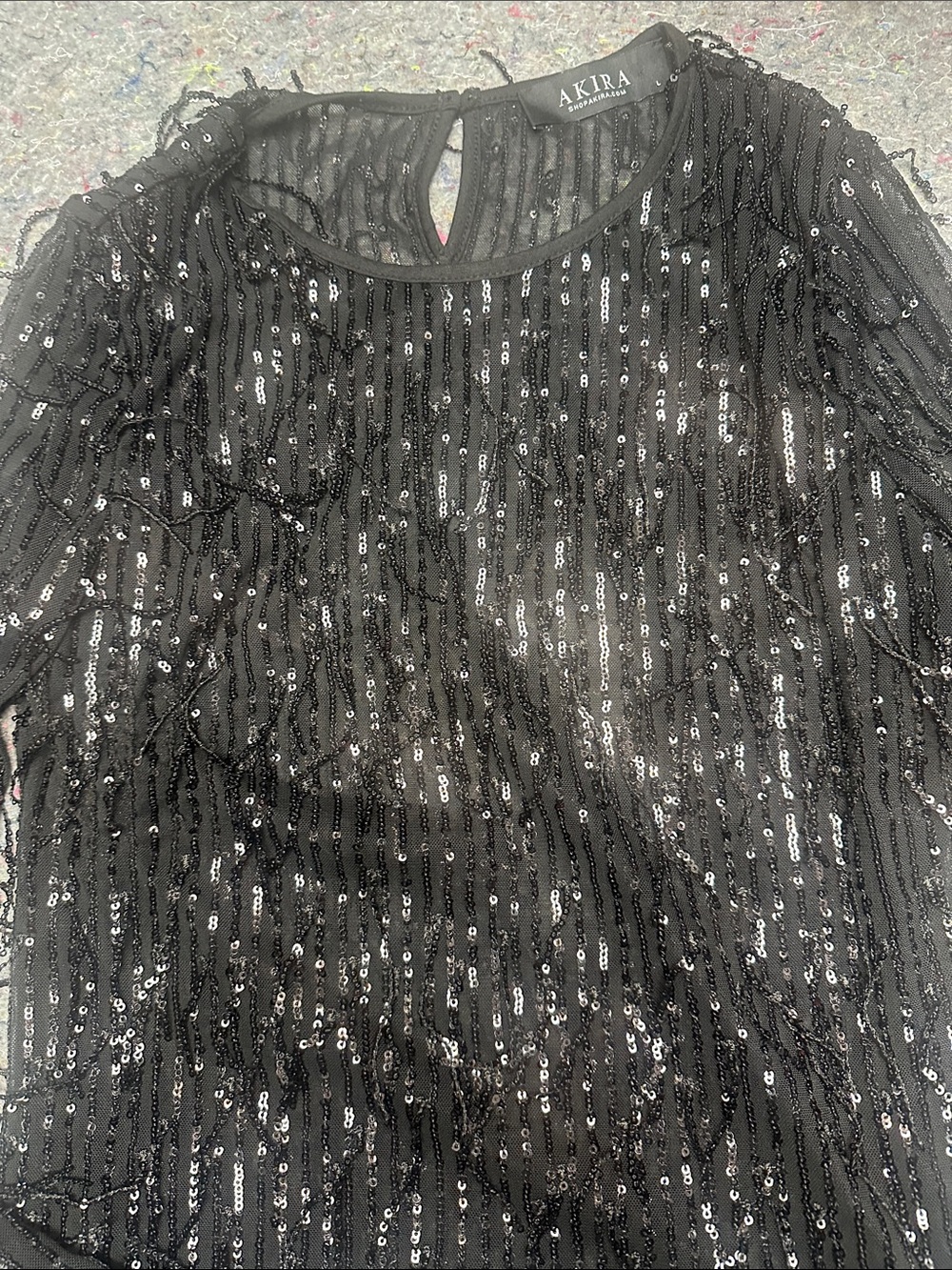 Akira Black Sequin Fringe Long-Sleeve Tee